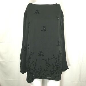 Saks Fifth Avenue Shirt Women M Black Silk Floral Beaded Long Sleeve‎ Tunic